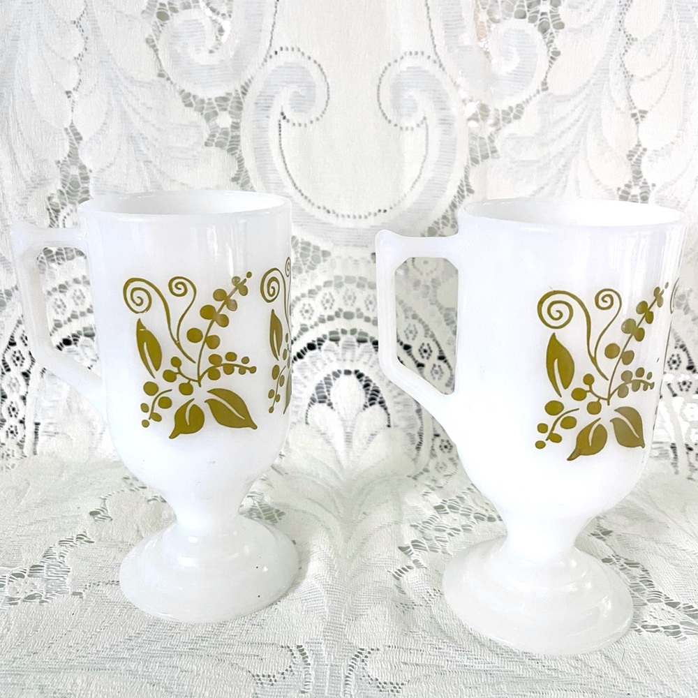 Vintage MCM 1950’s Green Floral White Milk Glass Pedestal Mug Irish Coffee